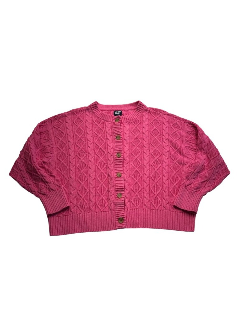 Lands End Drifter Cotton Cable Knit Cardigan Sweater Womens Size 1X Pink Boxy